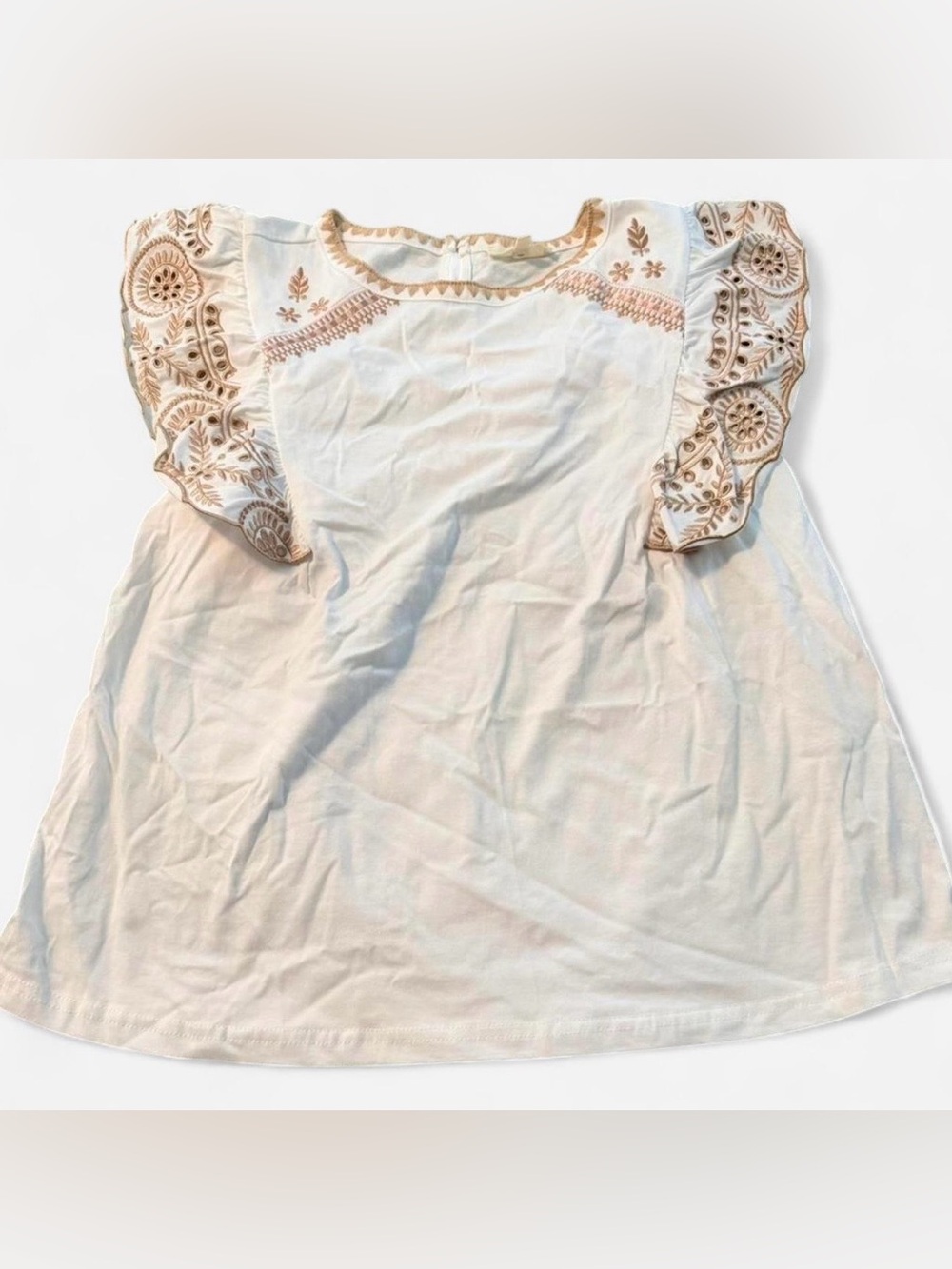 Easel Embroidered Flutter Sleeve White Blouse, Size Small - Picture 2 of 5